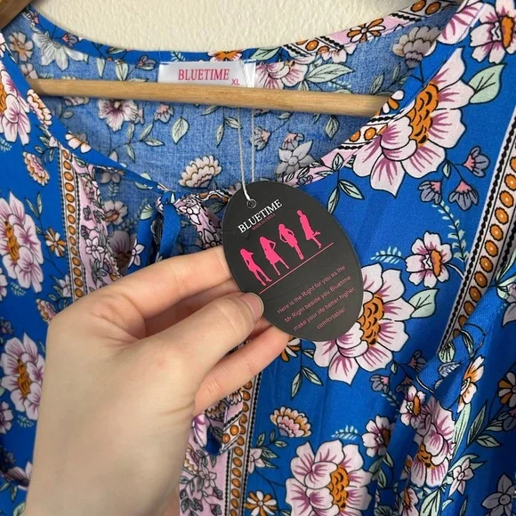 NWT Bluetime Summer Dress Boho V Neck 3/4 Sleeve Babydoll Floral Viscose Sz XL - Picture 7 of 13